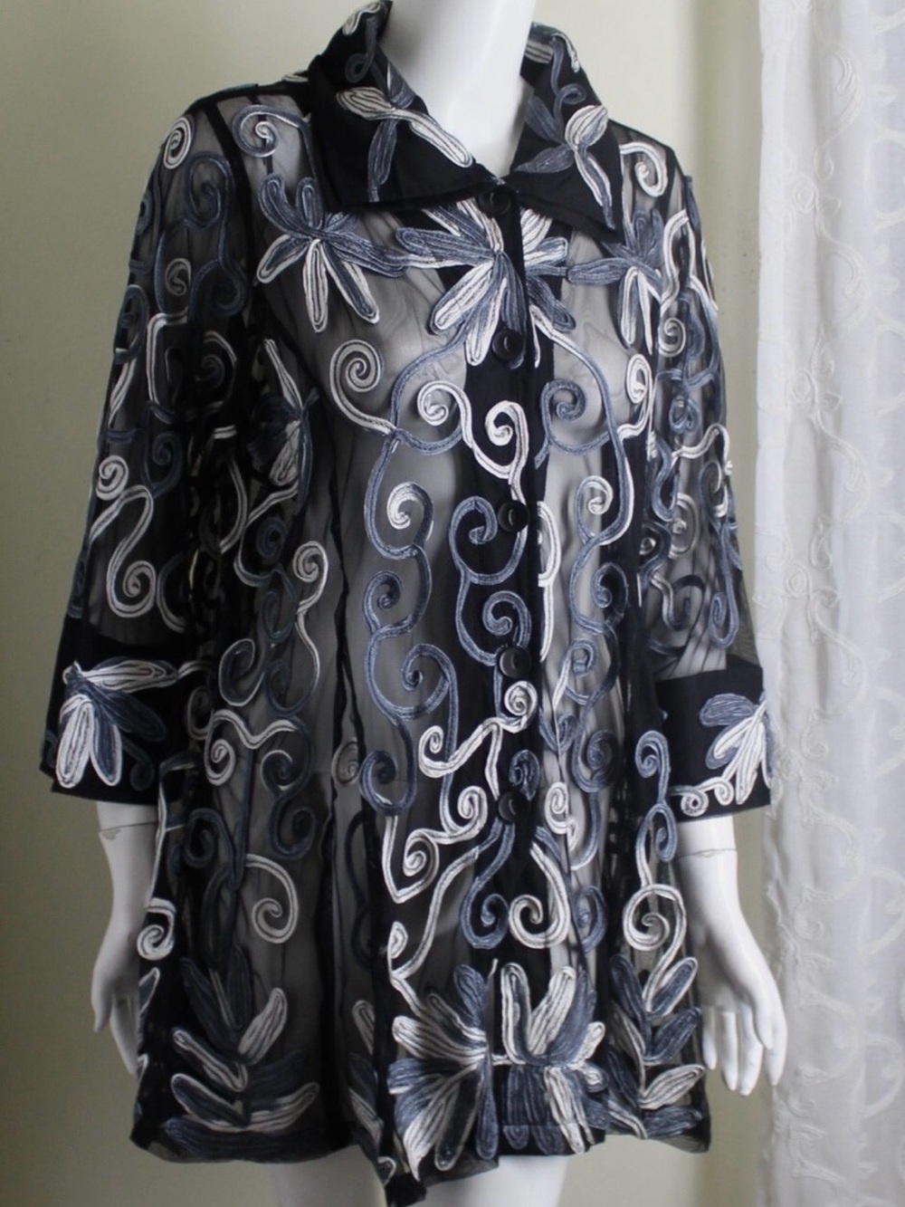 Parsley & Sage Black & White Modernist Soutache Over Mesh A-Line Jacket Funk